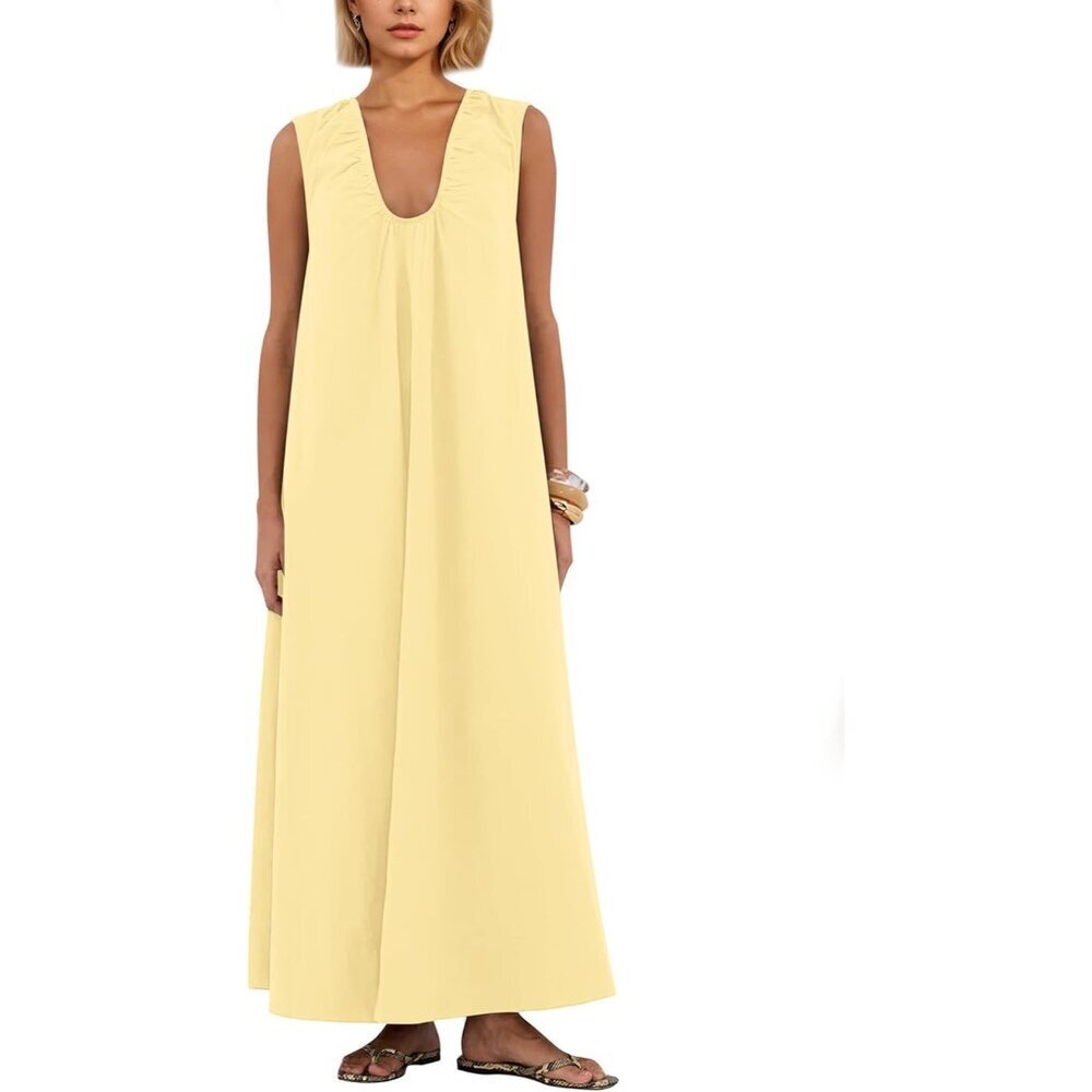 Women Sleeveless Maxi Dress Cotton Ruched Pockets Casual Summer Dress
